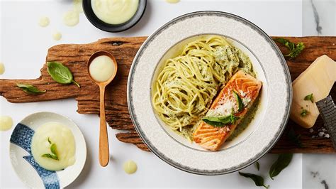 Grilled Salmon With Spaghetti Creamy Pesto Sauce Recipe