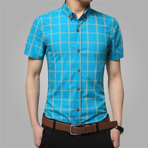 2017 New short sleeve men shirts Cotton Plaid shirts male casual ...