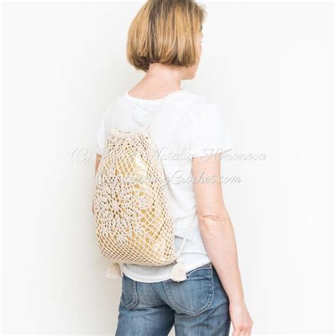 Drawstring Backpack Crochet Pattern Lotus Shoulder Bag Boho Mesh Crochet Lace Bag With Tassels