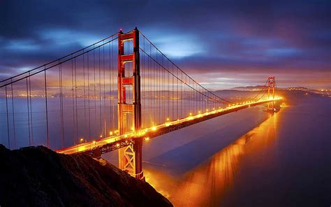 Hd Wallpaper Golden Bridge Golden Gate Bridge Reflection Lighting