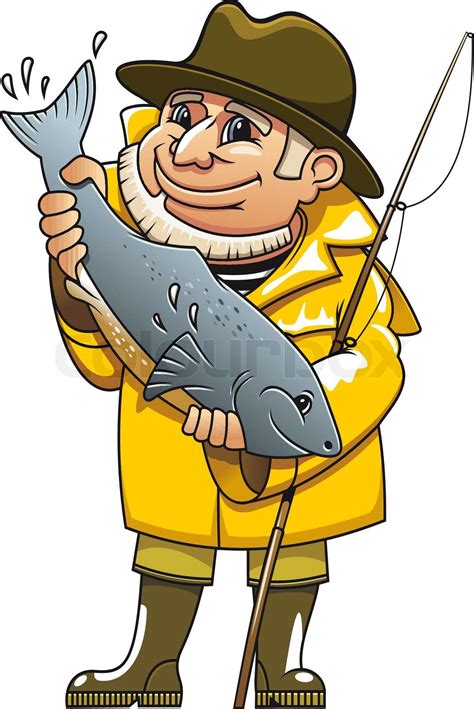 Smiling Fischer In Cartoon Stil Einen Fisch Fangen Stock Vektor