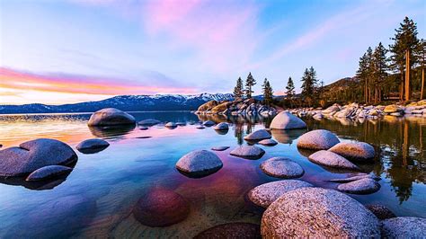 1080p Free Download Sunset At Sand Harbor Lake Tahoe Landscape Trees Water Nevada Rocks