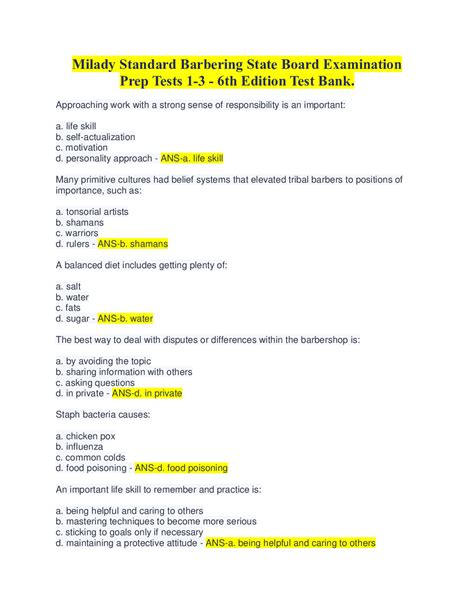 Milady's Professional Barbering sample state board exam Questions and answers, Graded A+ ...