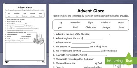 Advent Cloze Worksheet Teacher Made Twinkl