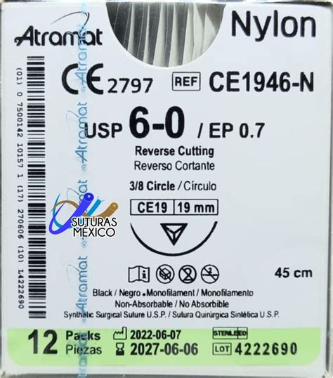 Nylon 6 0 Aguja Cortante De 19 Mm Hebra 45 Marca Atramat CE1946 N Linea