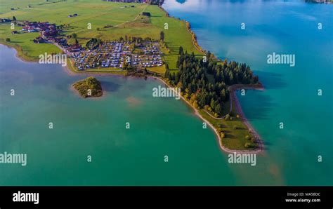 Camping 'Brunnen' on Lake Forggensee, aerial view Stock Photo - Alamy