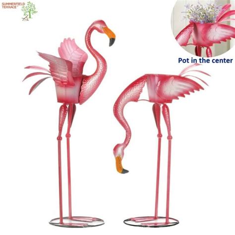 Pink Flamingo Pair Statue Metal Planter Set Lawn Yard Garden Home Decor New Ebay