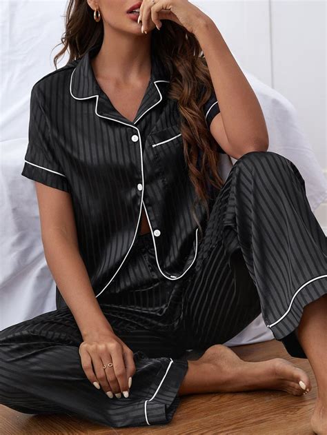 Striped Pocket Front Contrast Piping Satin Pj Set Roupas De Descanso