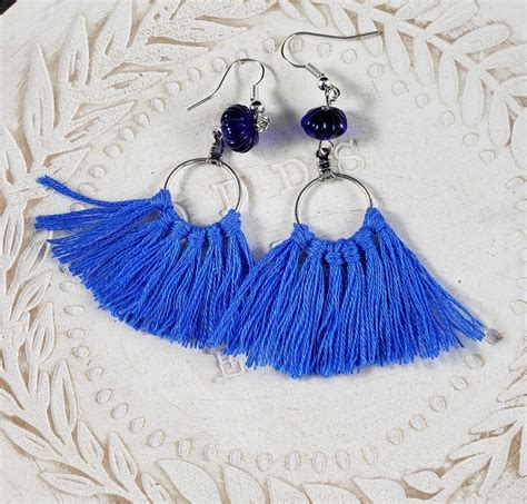 Blue Tassel Earrings, Blue Bead Earrings, Blue Hoop Earrings, Tassel Earrings, Handmade Tassel ...