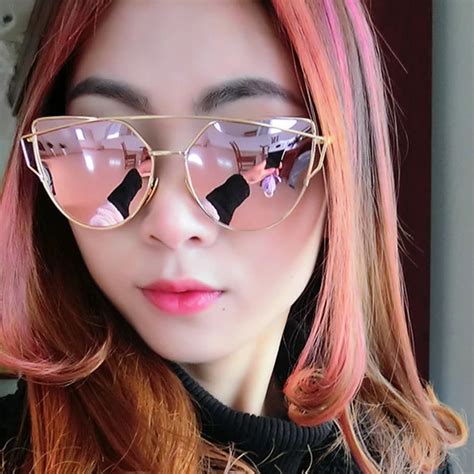 Women Gradient Ocean Lens Cat Eye Sunglasses Metal Twin Beams Sun