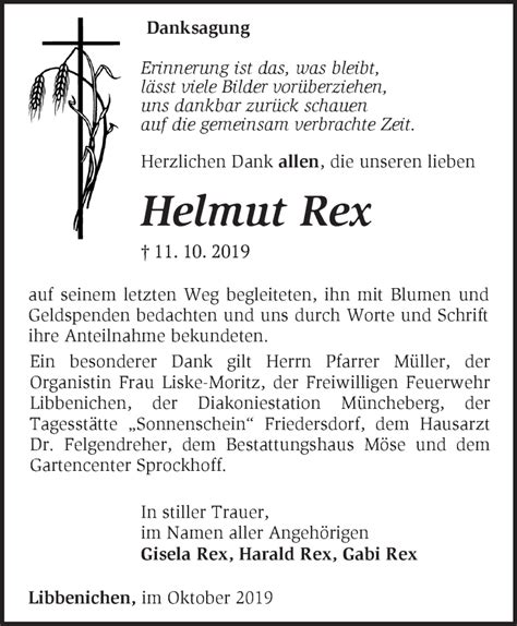 Traueranzeigen Von Helmut Rex M Rkische Onlinezeitung Trauerportal