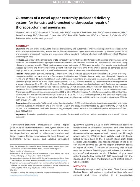 Pdf Outcomes Of A Novel Upper Extremity Preloaded Delivery System For Fenestrated Branched