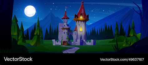 Night medieval castle against mountain landscape Vector Image