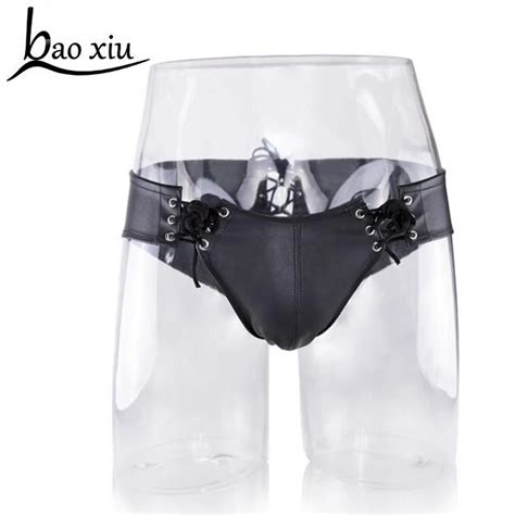 Sexy Men Lingerie Faux Leather Lace Up Open Butt Shorts Underwear