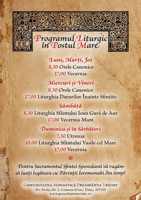 Programul Liturgic in Postul Mare 2023 Comunitatea Monastică