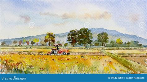 Watercolor Landscape Painting Farmer Farm Tractor With Mountain And Sky