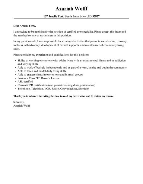 Certified Peer Specialist Cover Letter Velvet Jobs