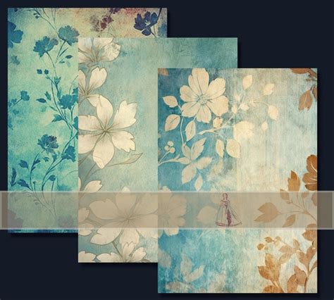 Printable Blue Floral Junk Journal Pages Kit Vintage Roses Paper