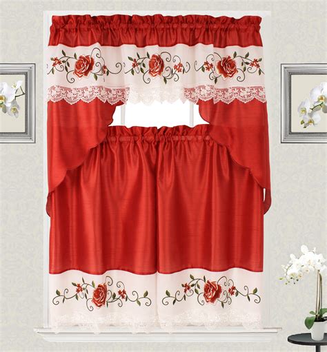 English Rose Macrame Embroidery Design Kitchen Curtain With Swag And Tier Set 36 Inch Rust And