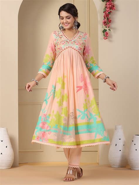 Buy Peach Printed Cotton Embroidered Suit Set Of Sc Peach