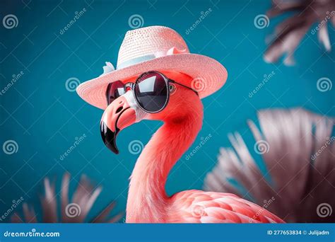 Pink Flamingo With Sunglasses And Hat Summer And Vacation Concept