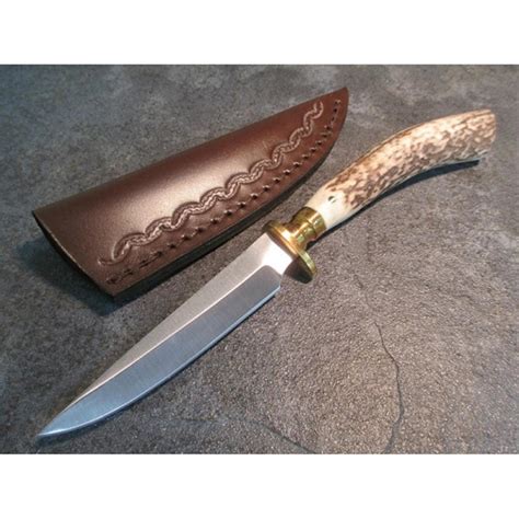 Skinner Couteau De Chasse Hunter Acier Carbone Manche Bois De Cerf Etui