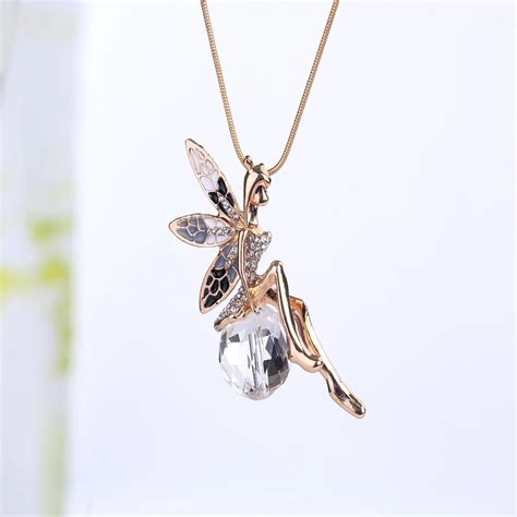 Fashion Gold Color Crystal Angel Wings Long Chain Necklace Necklace ...