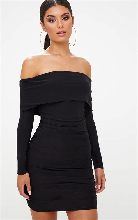 Black Velvet Long Sleeve Bardot Ruched Bodycon Dress Long Sleeve