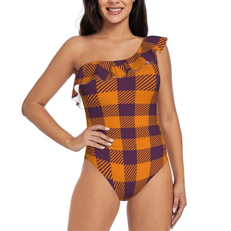 Fotbe Fall Buffalo Plaid Women's One Piece Swimsuits One Shoulder