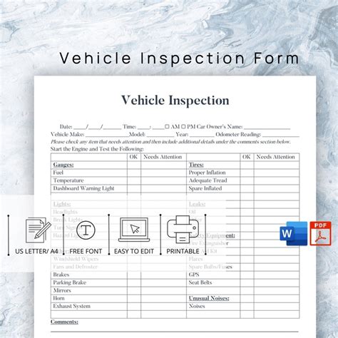 Editable Vehicle Inspection Form Template Printable Vehicle Etsy