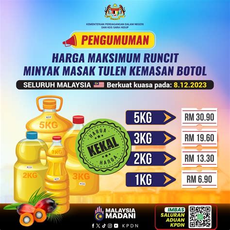 Harga Siling Runcit Minyak Masak Tulen Kemasan Botol