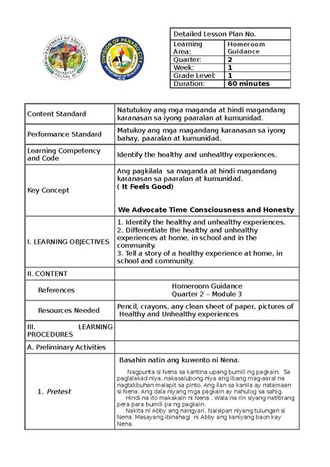 Exemplar Lesson PLAN IN Homeroom Guidance Grade 1 Q2 M3 Edited