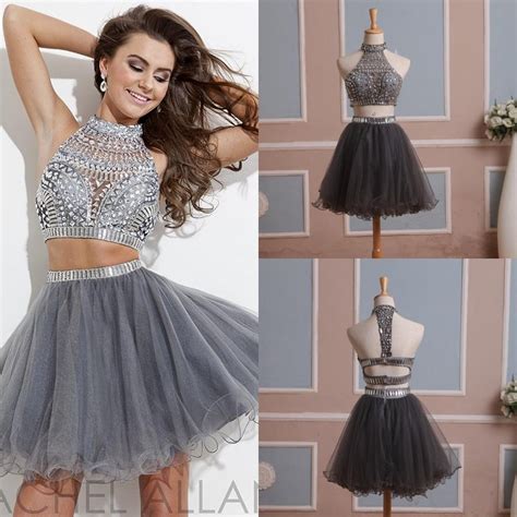 2015 In Stock Two Pieces Short Homecoming Dresses With High Neck Beads