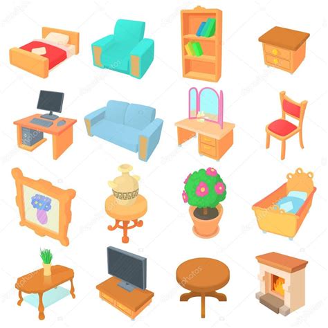 Conjunto De Diferentes Iconos De Muebles Estilo De Dibujos Animados