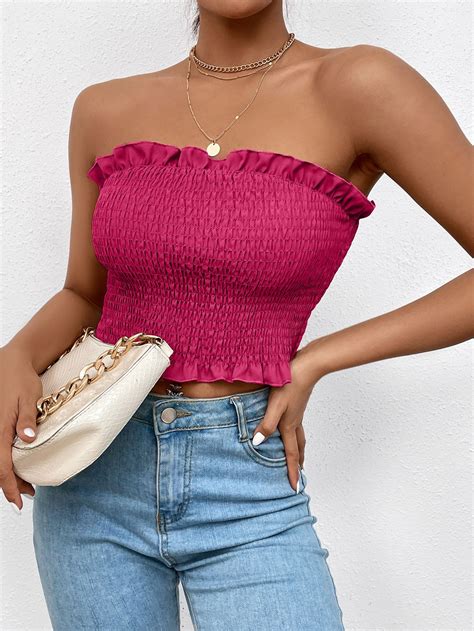 Frill Trim Shirred Crop Tube Top | Tube top outfits, Pink tube top
