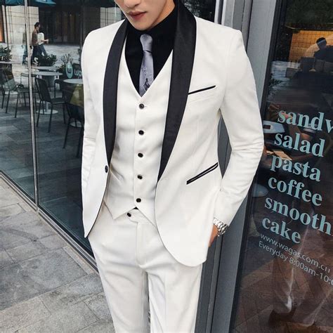 Men's White 3 Piece Groomsmen Tuxedo Wedding Suit Slim Fit One Button