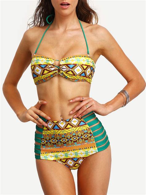 Romwe Halter Tribal Print Ladder Cutout Bikini Set P