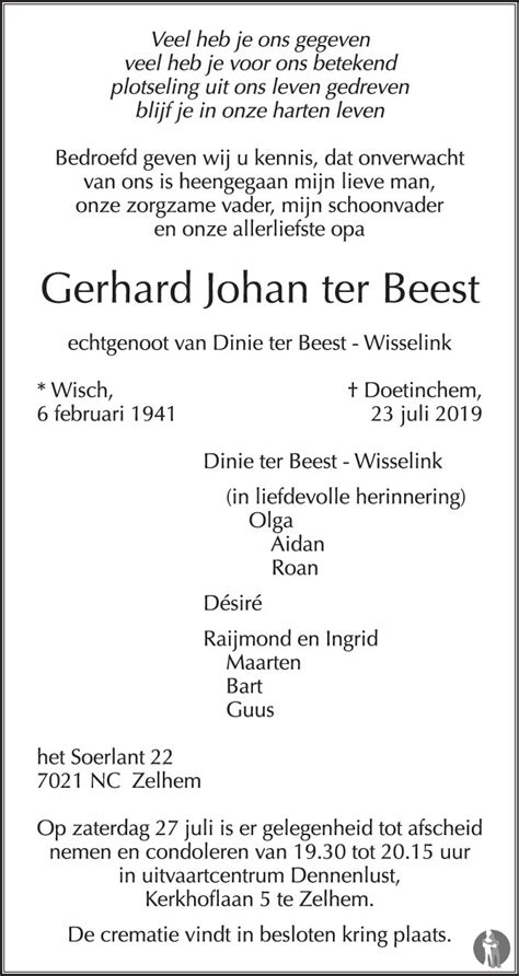 Gerhard Johan Ter Beest 23 07 2019 Overlijdensbericht En Condoleances