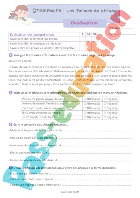 Les formes de phrase Évaluation grammaire pour le ce2 PDF à imprimer