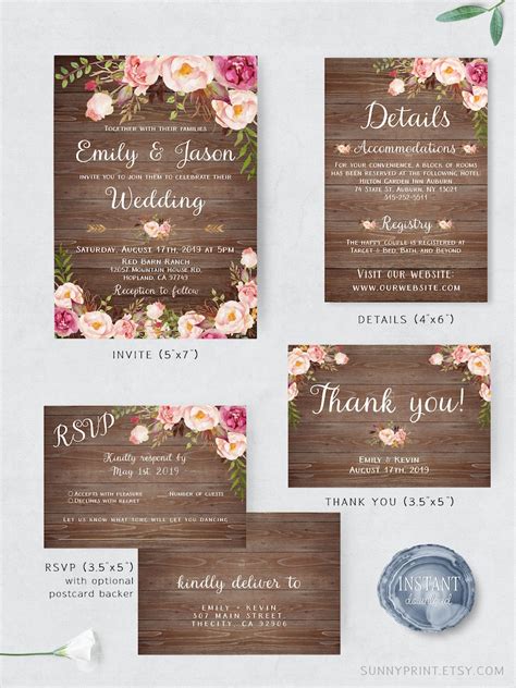 Rustic Wedding Invitation Template Floral Wedding Invitation - Etsy