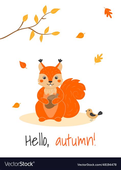 With cute squirrel bird and leaf fall in cartoon Vector Image