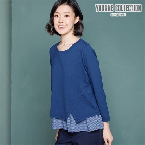 Yvonne Collection 素面細格紋假兩件式長袖上衣 藍 短袖 Yahoo奇摩購物中心