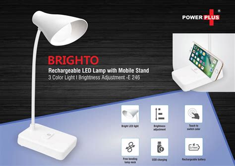 Brighto Rechargeable LED lamp with mobile stand | 3 Color light | Brightness adjustment - Power ...