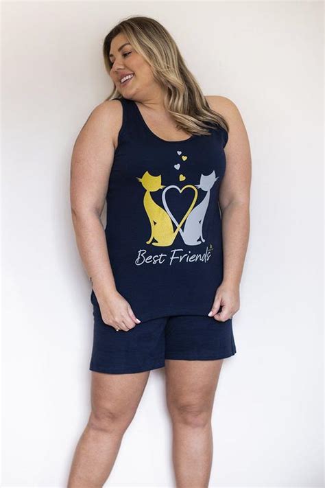 Pijama Verão Feminino Regata Plus Size De Algodão Friends Azul