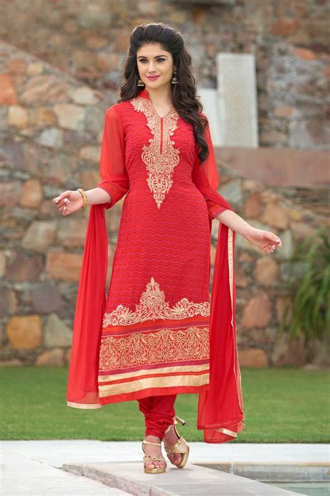 Red Georgette Churidar Suit With Dupatta Red Georgette Semi Stictch