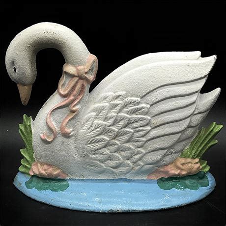 Blazing Auctions Vintage Cast Iron White Swan In Pond Doorstop