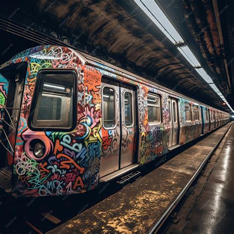 Premium AI Image | Graffiti Covered Subway Train in Urban Station