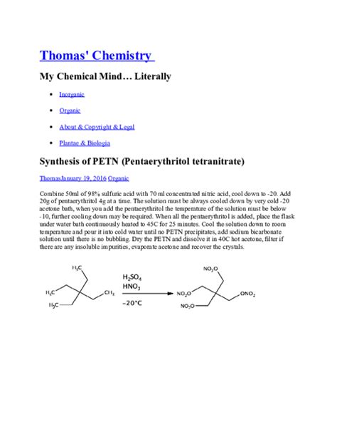 (DOC) Thomas' Chemistry Synthesis of PETN (Pentaerythritol tetranitrate