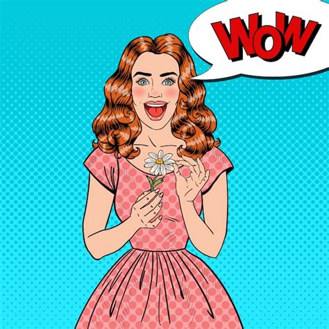 Premium Vector Pop Art Excited Beautiful Woman With Daisy Flower