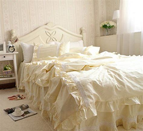 Idyllic Life Ruffle Frill And Lace 100 Cotton Light Yellow Duvet Cover Set Full Duvet